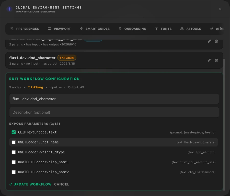 ComfyUI Bridge workflow import — select parameters to expose in the panel