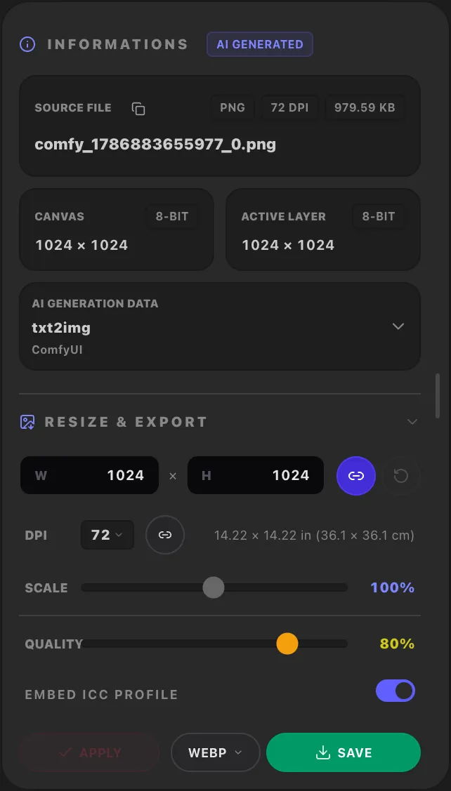 Information panel showing EXIF, ICC, and AI generation metadata